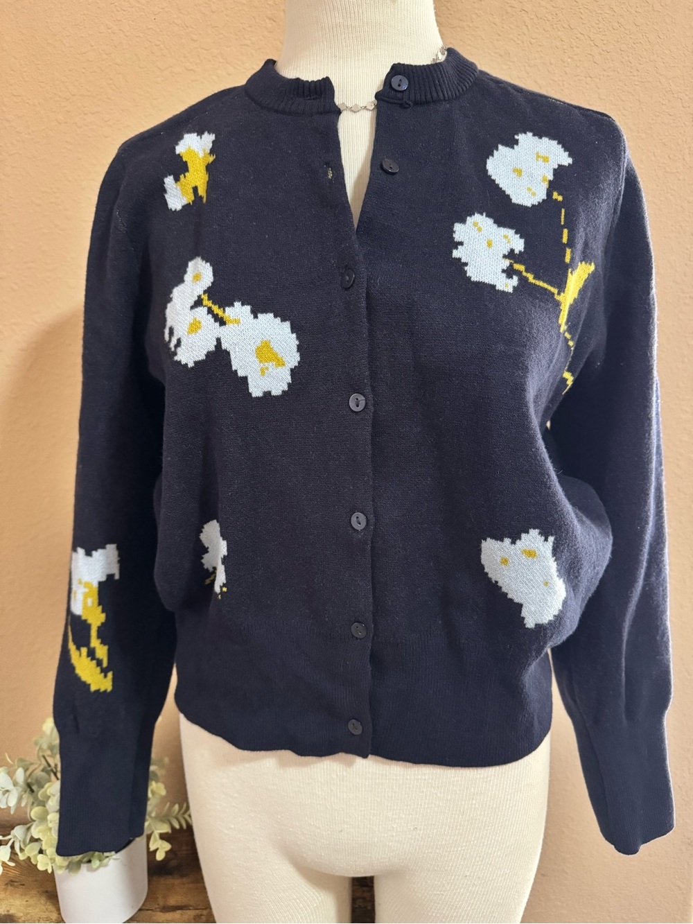 Navy Floral Knit Button-Up Cardigan